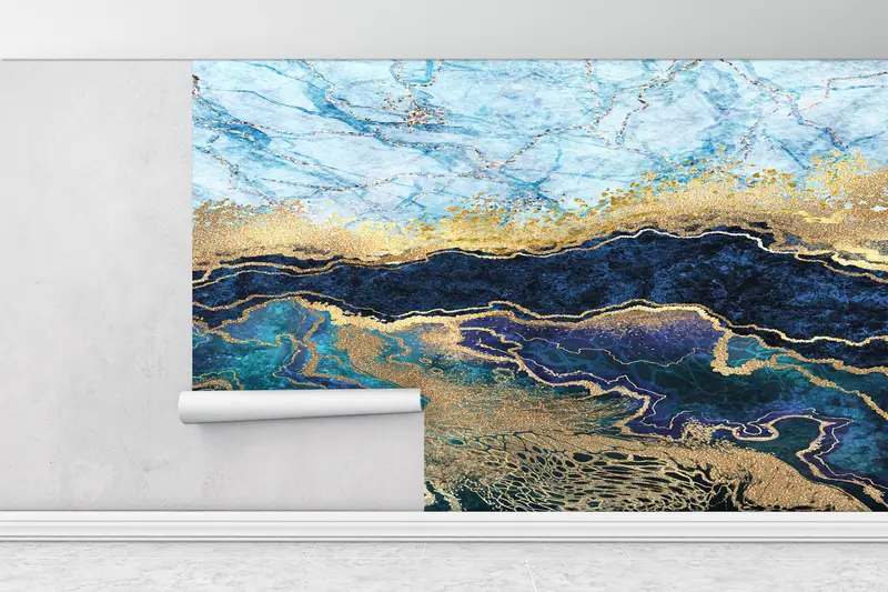 Bright Wall Paper, Blue Marble Wall Paper, Abstract Mural, Wall Paper Peel and Stick, Custom Wall Paper, , Shimmery Wallpaper, - 1