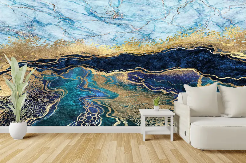 Bright Wall Paper, Blue Marble Wall Paper, Abstract Mural, Wall Paper Peel and Stick, Custom Wall Paper, , Shimmery Wallpaper, - 3