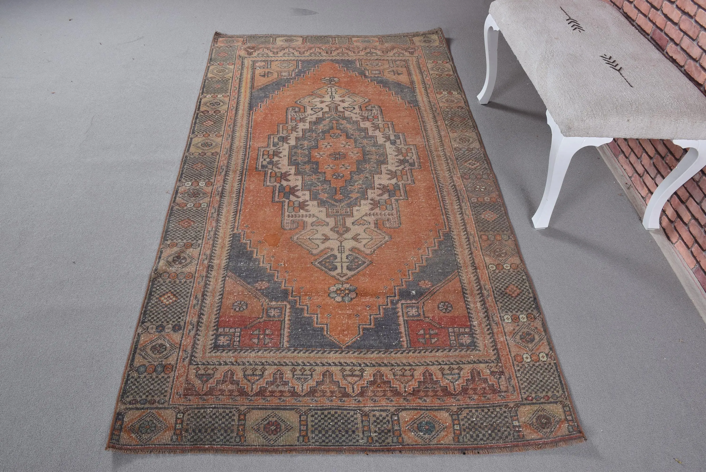 3.8x7.4 ft Rug, Area Turkish Rug, Orange Striped Rug - 1