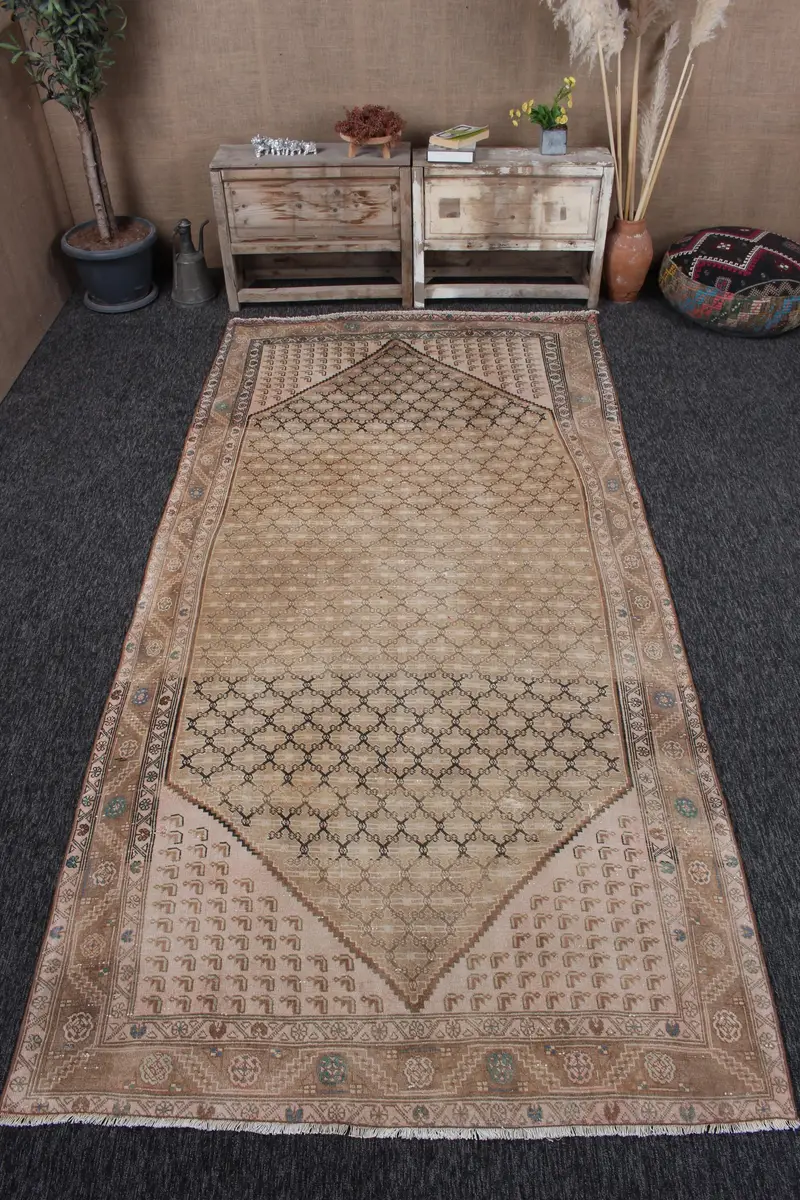 5.1x10.7 ft Oushak Vintage Halı, Kahverengi Çiçekli Türk Halısı Yün - 1
