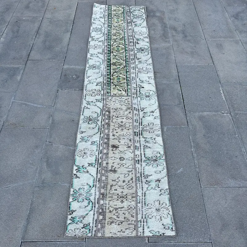 Vintage Oushak Runner Rug 1.7x7.4 ft (53x225 cm), Turkish Blue Floral Rug - 1