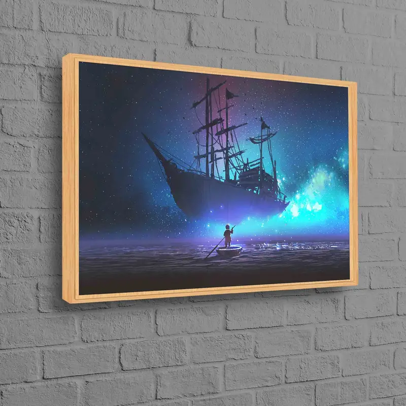 Impresionante arte abstracto en lienzo impreso con paisaje nocturno de barco