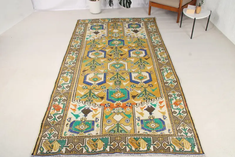 5x9.8 ft Türk Halısı, Vintage Büyük Halı, Sarı Mavi Ombré Halı - 1