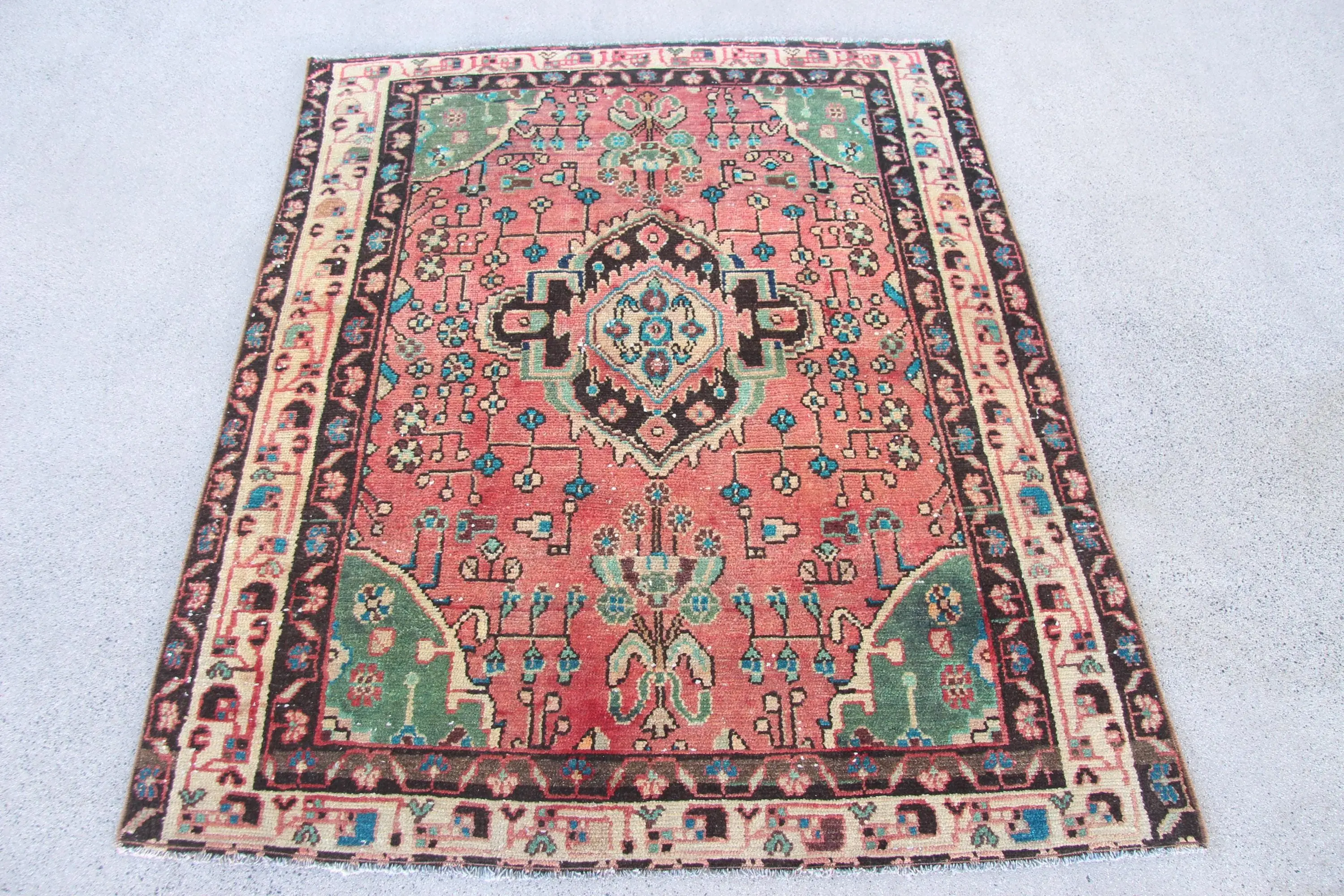 Türk Halısı, 3.8x4.6 ft Accent Halı, Kırmızı Mavi Yün Halı - 1