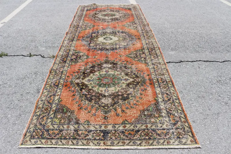 Vintage Rug, Runner 4.8x12.6 ft Turkish Rug, Orange Blue Oriental Wool Rug - 1
