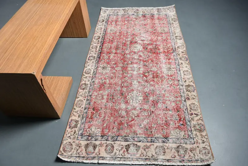3.3x6.8 ft Oushak Rug, Vintage Turkish Rug, Red Blue Floral Rug - 1