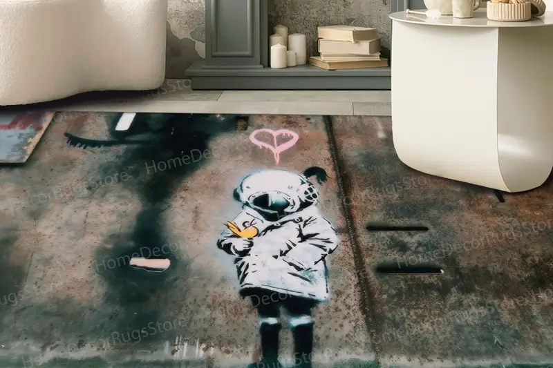 エレガントなプリントラグ: バンクシーのグラフィティと宇宙少女のデザイン