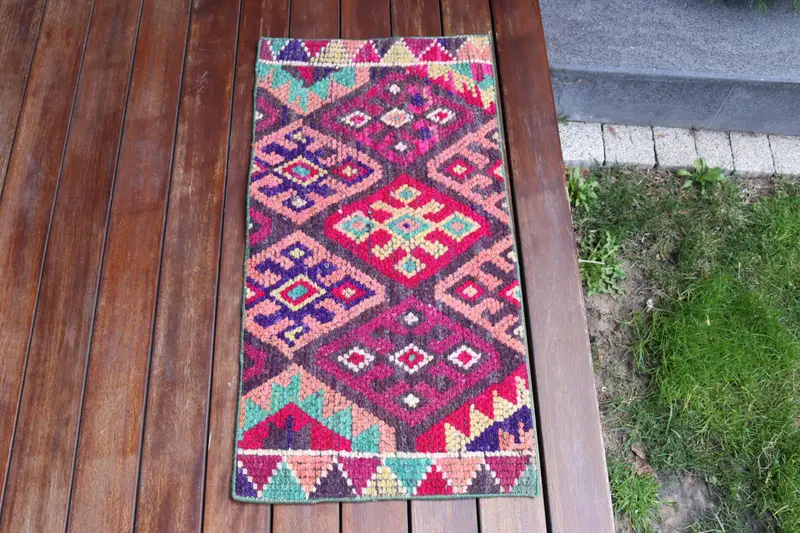 Turuncu Bitkili El Yapımı Mor Halı, 1,4x2,7 ft