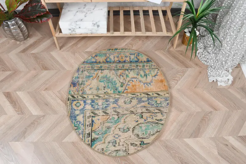 Alfombra Ikat azul, 2.5x2.9 pies con detalles en naranja