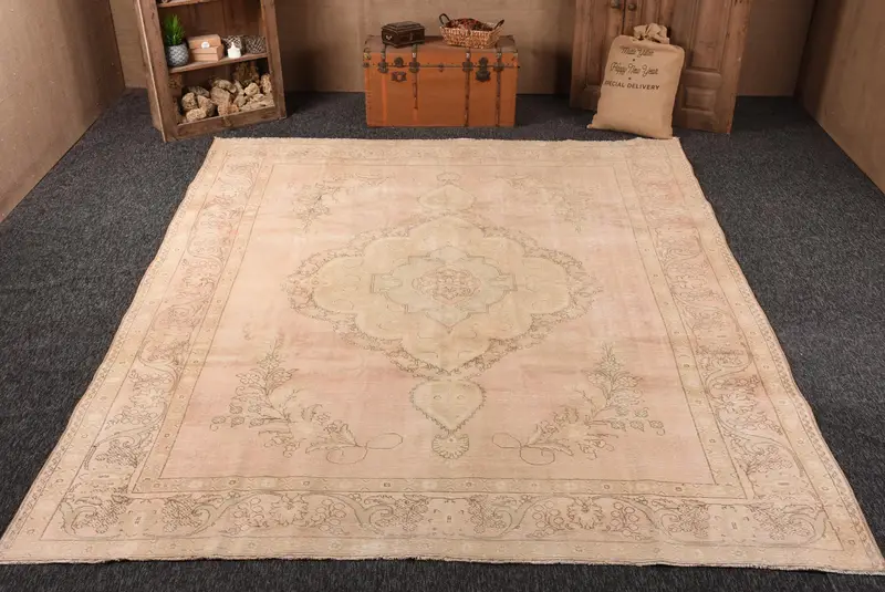 Türk 9.4x12.6 ft Halı, Vintage Büyük Boy Halı, Kahverengi Bordürlü Halı - 1