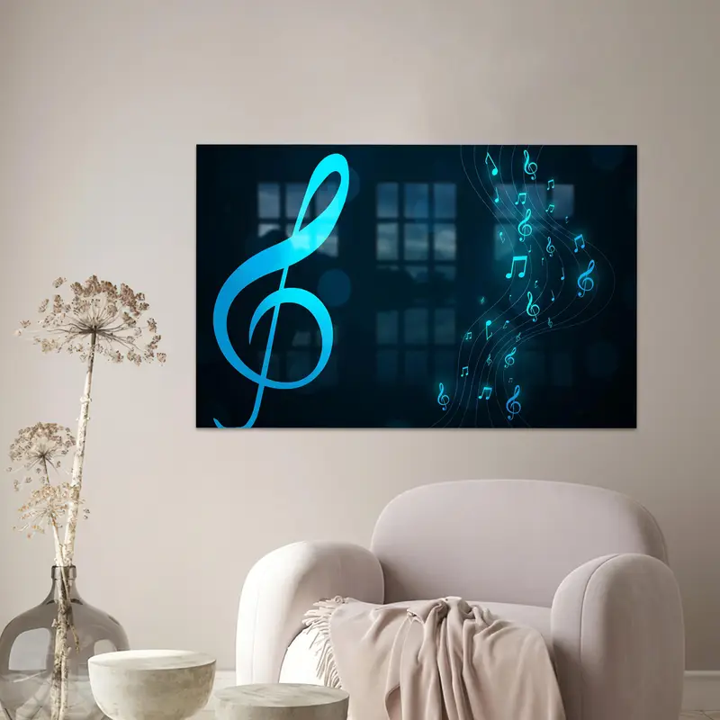モダンなプリントガラス: 寝室、女の子の部屋用の青い音符