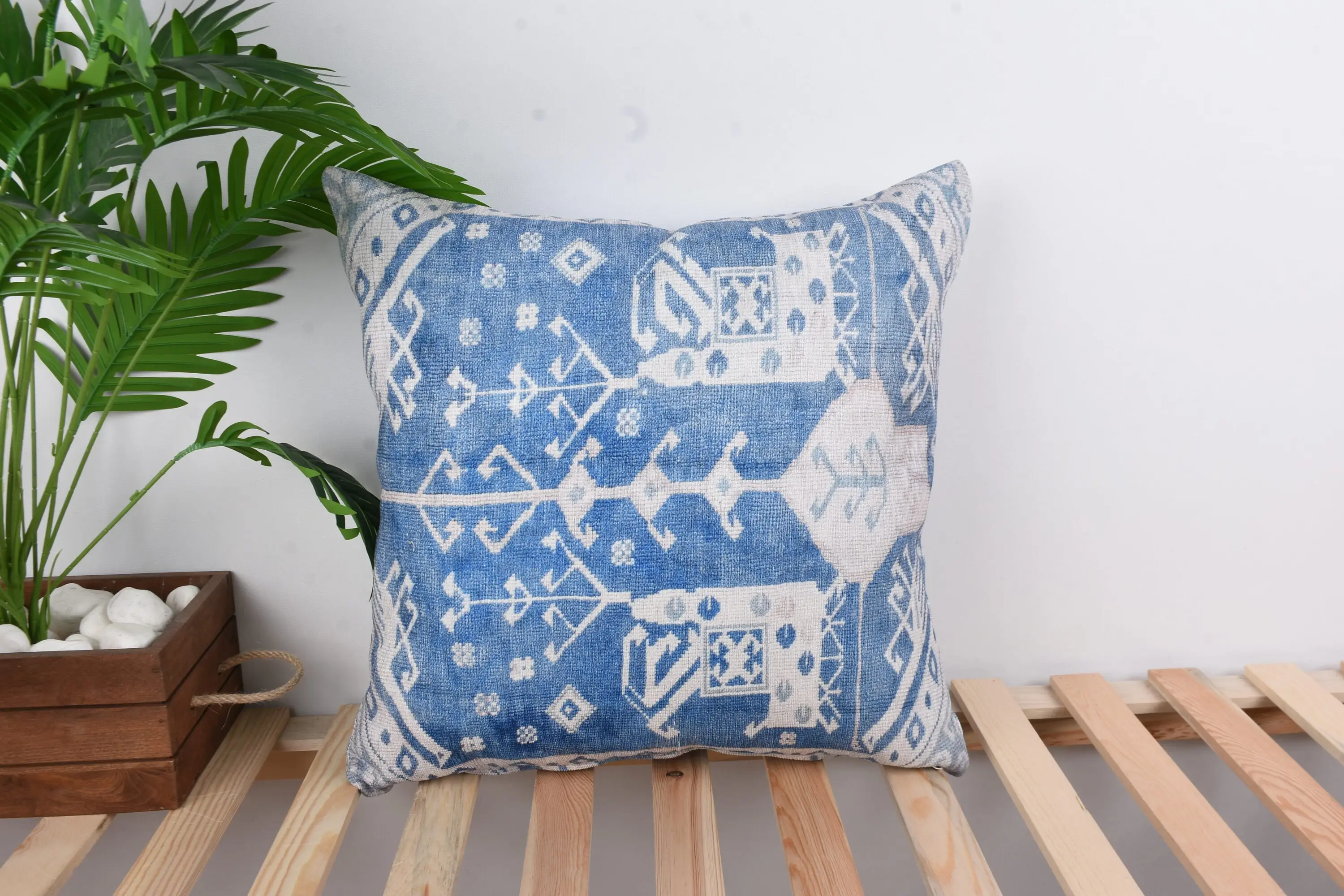 Handmade Blue & White Striped Throw Pillow, Vintage Embroidered Cushion - 1