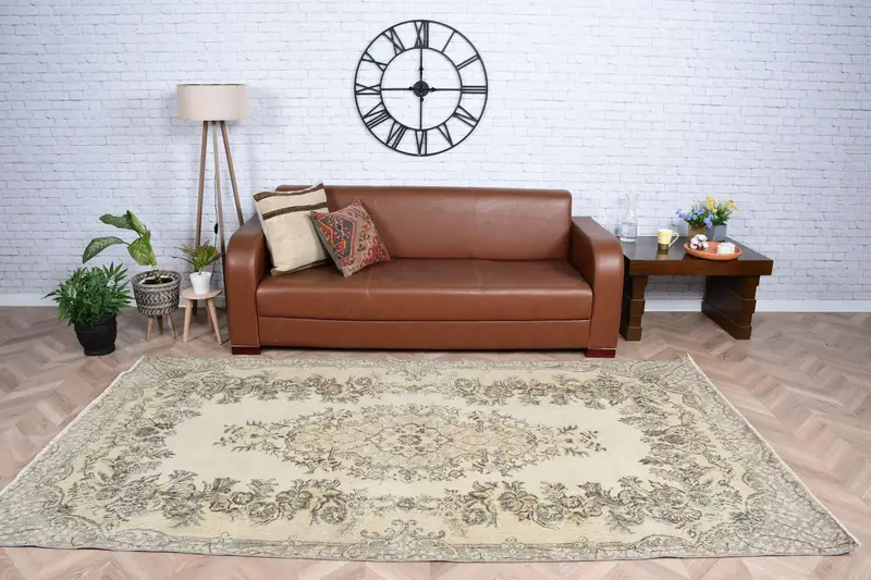 4,9x9,2 ft Vintage Oushak Teppich, türkischer Teppich, grüne Pflanzen & Bäume Wollteppich - 1