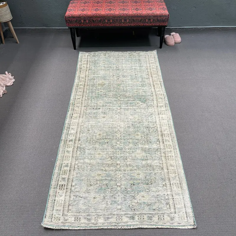 Türkischer Vintage-Teppich 3,2 x 7,1 Fuß, Oushak-blauer Teppich aus massiver Wolle - 1