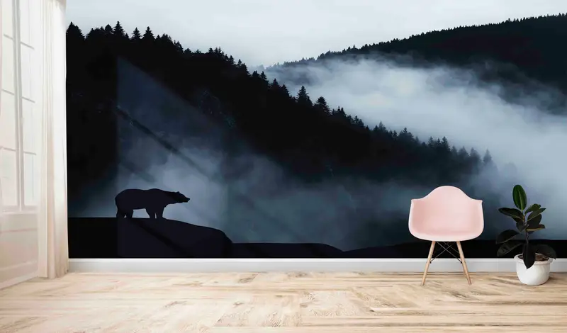 Printed Wallpaper: Wild Landscape Bear Silhouette Misty Mountains