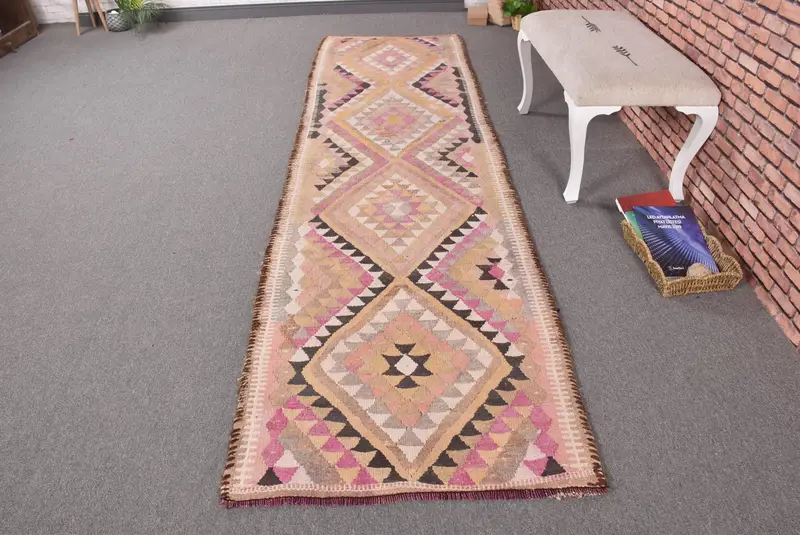Vintage Kilim Runner Rug 2.8x10.6 ft (86x324 cm), Turkish Pink Southwestern Rug - 1
