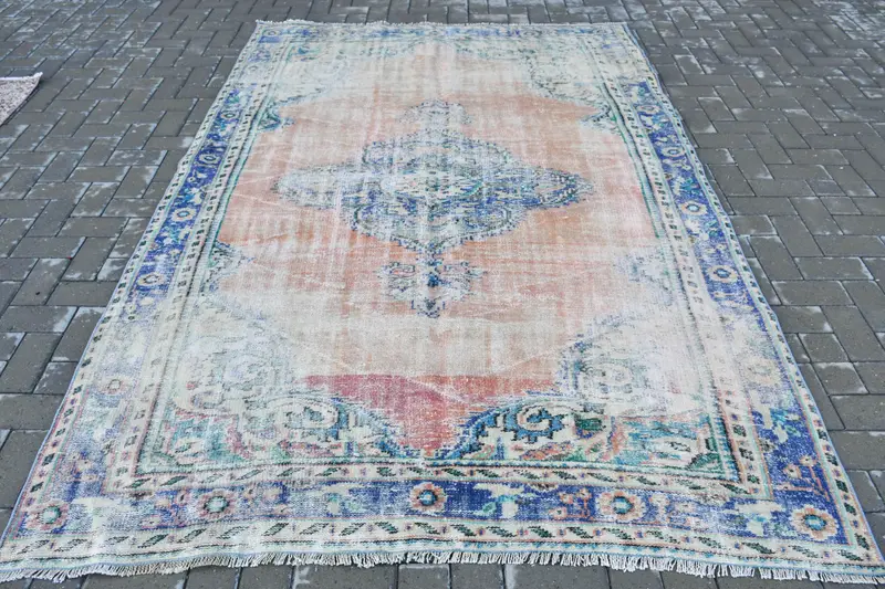 Vintage Oushak Halı 6x8,9 ft (182x270 cm), Mavi Kareli Türk Halısı - 1