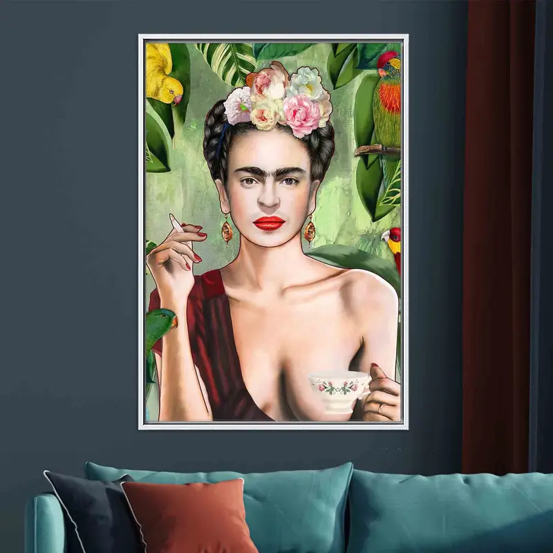 フリーダ・カーロ 鳥 ジャングル キャンバス: 鮮やかな喫煙女性アート プリント