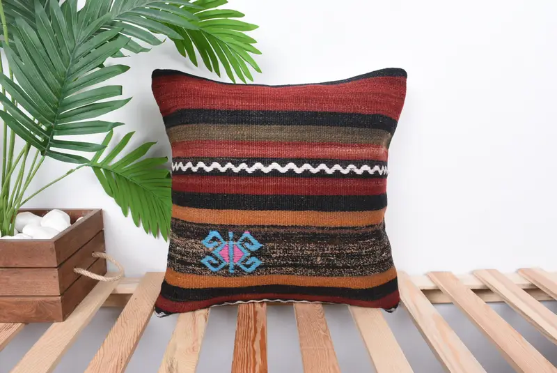 Pillow, Designer Throw Cushion Cover, Boho Pillow, Turkish Pillow, 16x16 Blue Pillow Sham, Accent Pillow Cover, Kilim Pillow Cover, Toss Pillow Case - 1