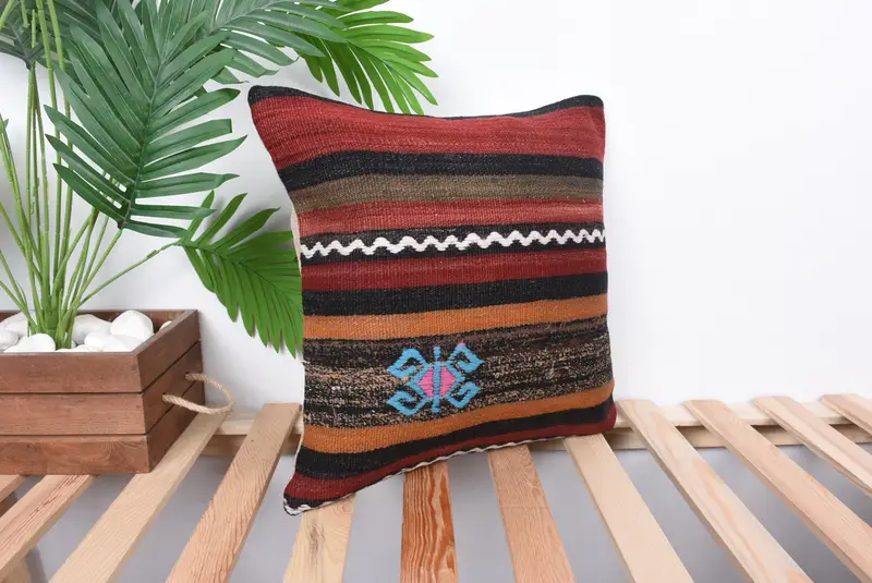 Pillow, Designer Throw Cushion Cover, Boho Pillow, Turkish Pillow, 16x16 Blue Pillow Sham, Accent Pillow Cover, Kilim Pillow Cover, Toss Pillow Case - 4