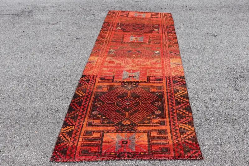 Turkish Vintage Rug 3.5x8.7 ft, Red Herki Patchwork Rug - 1