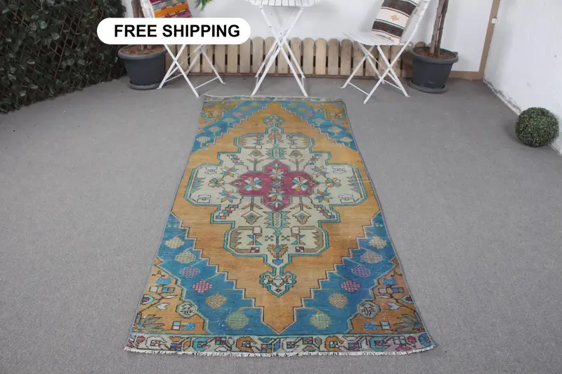 3.6x7.9 フィート オレンジ & ブルー オリエンタル ラグ、鮮やかな装飾