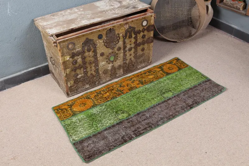 Alfombra marroquí verde, 1,9x4 pies, verde vibrante y naranja