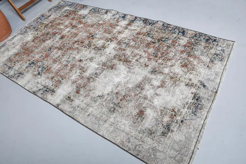 4.5x7.5 ft Vintage Halı, Türk Alan Halısı, Kahverengi Mavi Soyut Halı - 1