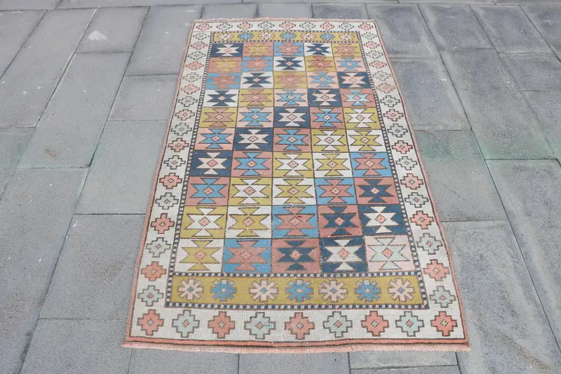 Turkish 3.3x5.6 ft Rug, Oushak Vintage Rug, Blue Oriental Rug Wool - 1