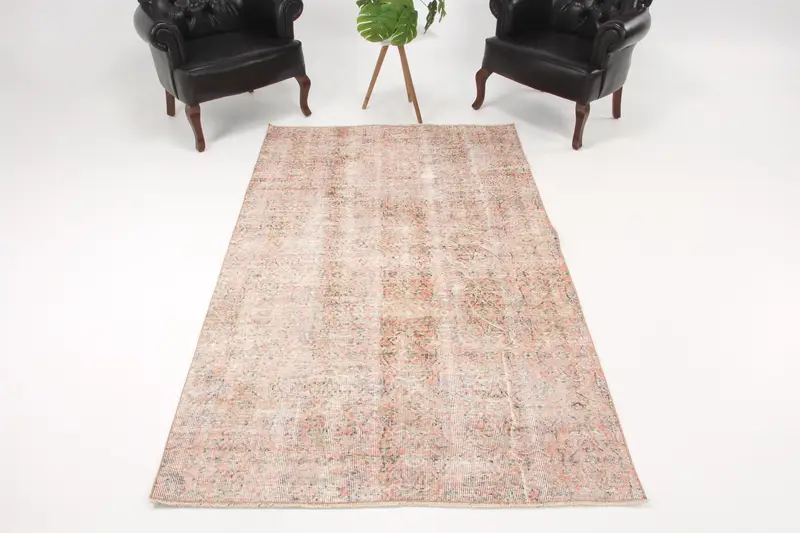 Turkish 4.5x7.8 ft Rug, Vintage Area Rug, Pink Check Rug - 1
