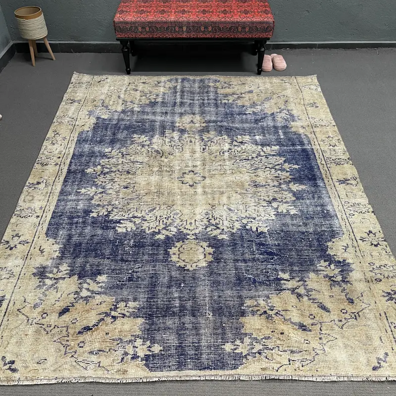Vintage Turkish Rug, 6.5x8 ft Oushak Rug, Blue Beige Southwestern Wool Rug - 1
