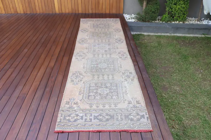3x10.9 ft Turkish Oushak Rug, Gray Geometric Vintage Wool Rug - 1