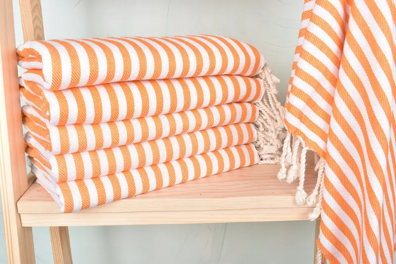 Turkish Beach Towel Orange Stripes, Organic Cotton/Linen, Beige, 40x71 Inches