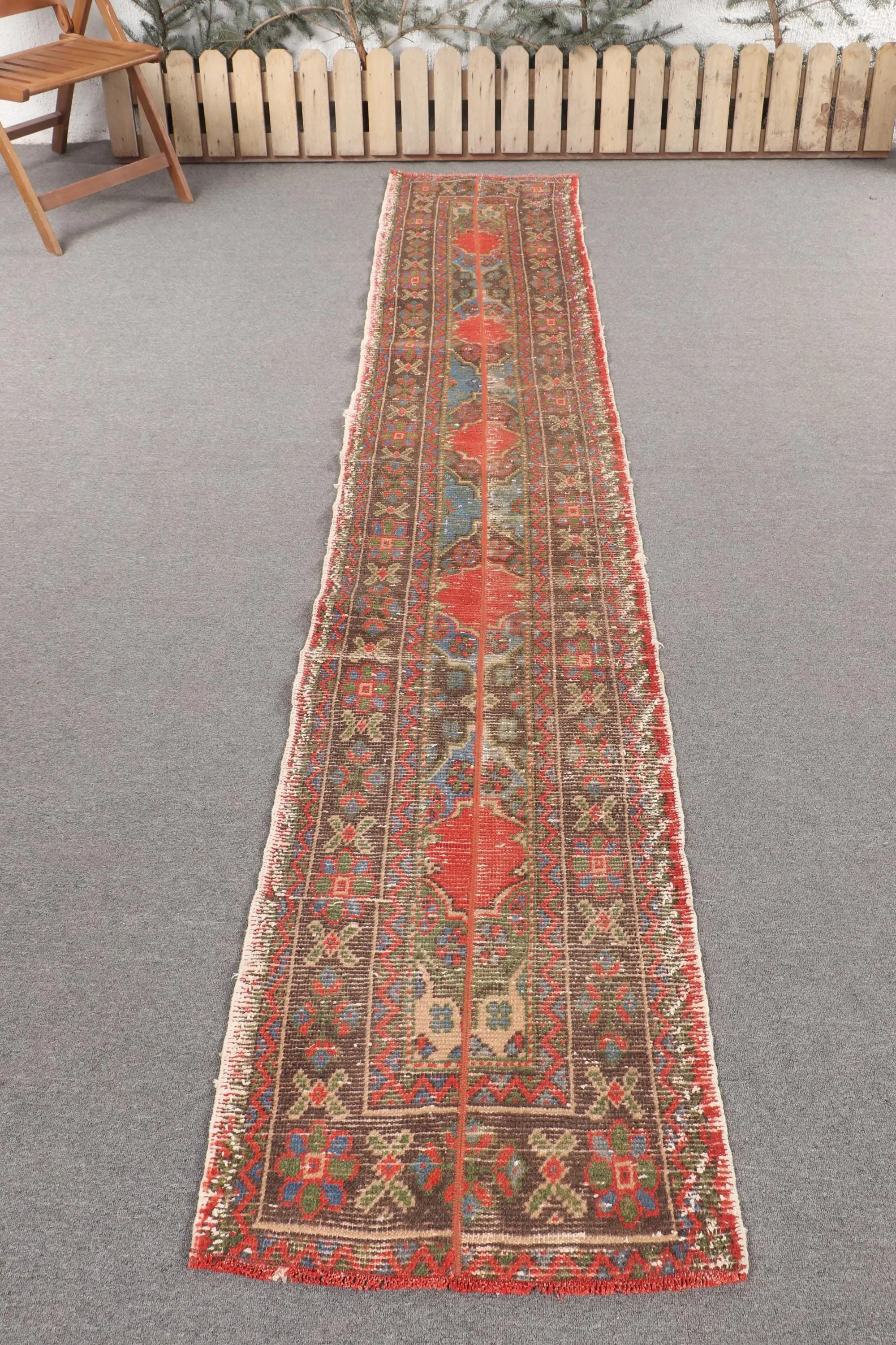 2.1x10.9 ft Runner Vintage Rug, Turkish Rug, Red Blue Animal Print Wool Rug - 1