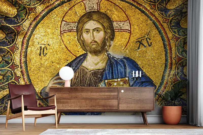 Abstract Mural, 3d Wall Paper, Wall Paper Peel and Stick, Paper Wall Art, Jesus Christ Mosaic, Modern Wall Mural, Jesus Christ Wallpaper, - 1