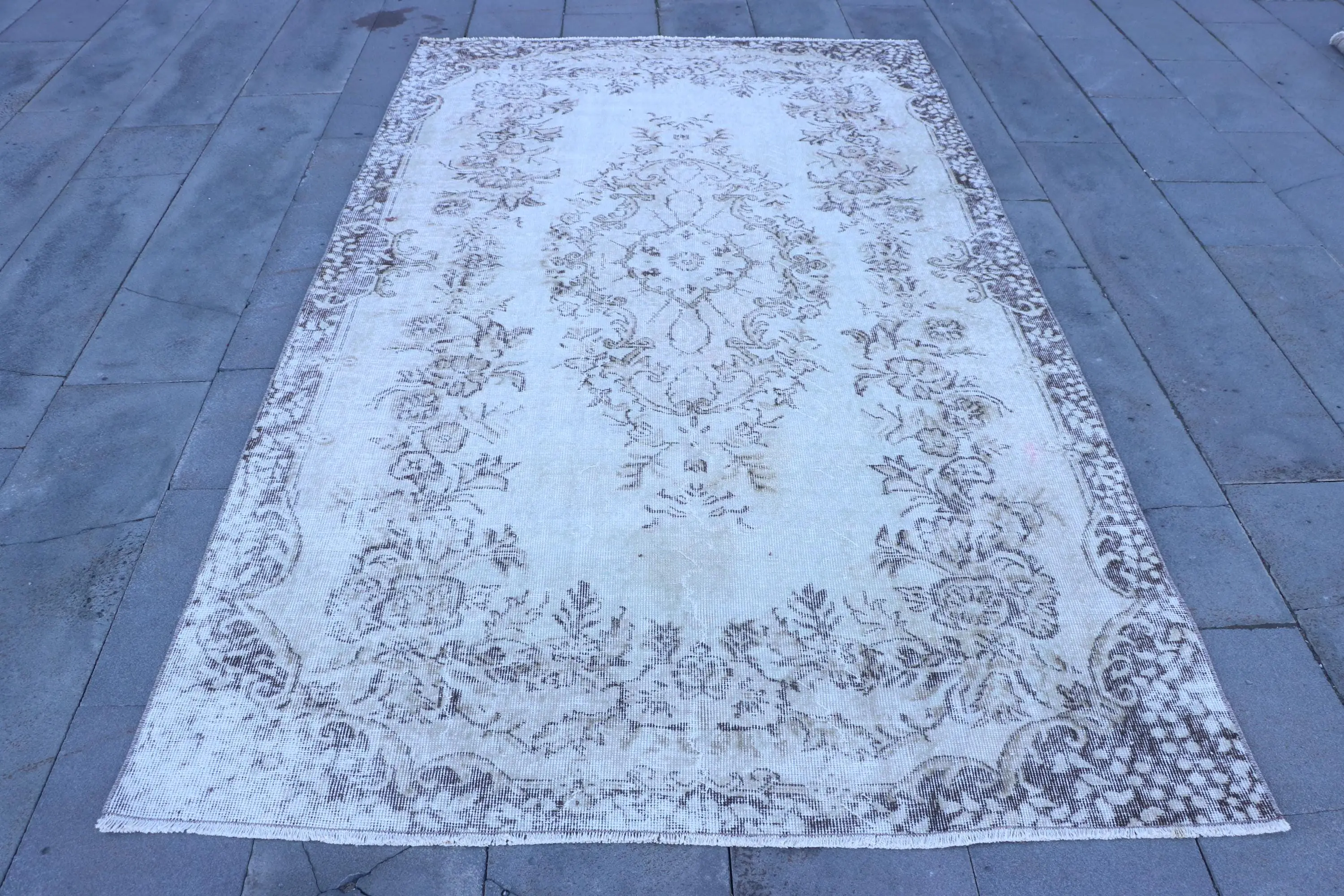 5.1x8.4 ft Halı, Büyük Vintage Halı, Beyaz Patchwork Halı - 1
