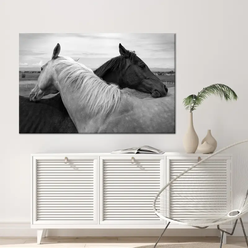 モダンな馬のキャンバス プリント: 白黒のオフィス アート