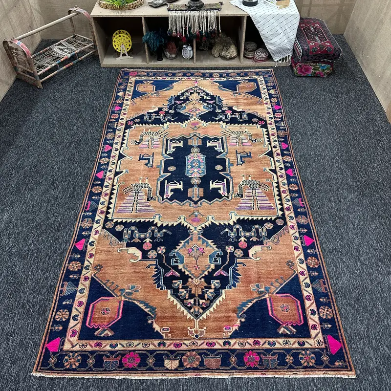Türk Vintage Oushak Halı 5.1x9.5 ft (156x290 cm), Mavi Geometrik Yün Halı - 1