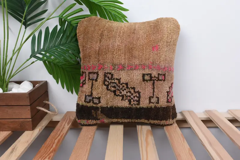 Pillow Sham, Art Deco Pillow Case, Ethnical Kilim Rug Pillow, Hippie Throw Pillow Sham, Interior Designer Pillow, 14x14 Brown Pillow, Turkish Pillow - 1