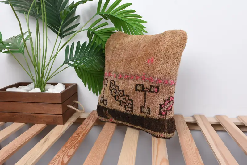 Pillow Sham, Art Deco Pillow Case, Ethnical Kilim Rug Pillow, Hippie Throw Pillow Sham, Interior Designer Pillow, 14x14 Brown Pillow, Turkish Pillow - 5