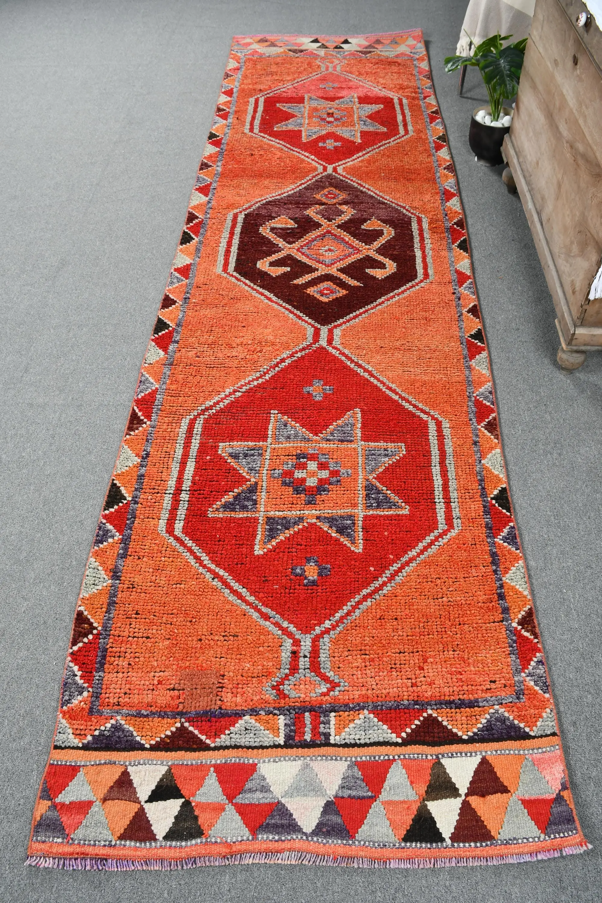 Herki Turkish Rug, 3.1x11.5 ft Vintage Rug, Red Bordered Wool Rug - 1