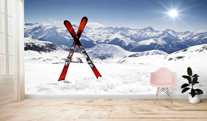 Elegante bedruckte Tapete mit Skiszene: Winterliche Bergflucht