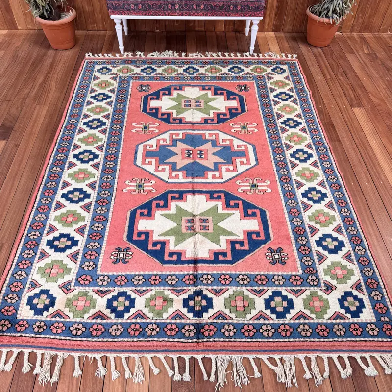 Vintage Türk Halısı, 6x8.1 ft Oushak Halı, Kırmızı Büyük Puantiyeli Halı - 1