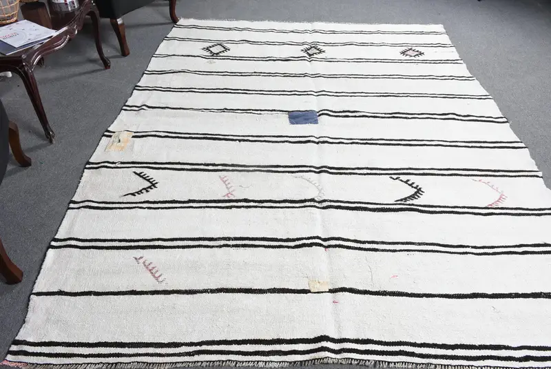 Alfombra Kilim vintage turca 6,8x9,2 pies (208x281 cm), alfombra de lana de plantas y árboles blancos - 1