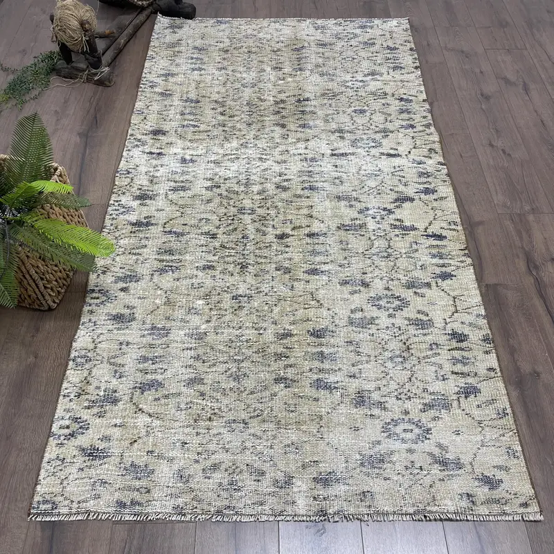 Turkish Rug, 3.9x7.3 ft Area Vintage Rug, Oushak Gray Blue Plants & trees Rug - 1