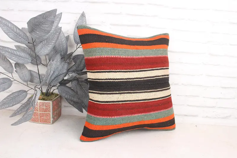 Vintage Pillow, Nautical Throw Cushion, Vintage Kilim Pillow, Turkish Corner Cushion, Pillow Case, 18x18 Orange Pillow, Boho Pillow - 3