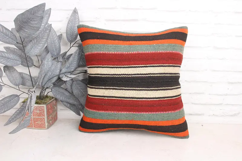 Vintage Pillow, Nautical Throw Cushion, Vintage Kilim Pillow, Turkish Corner Cushion, Pillow Case, 18x18 Orange Pillow, Boho Pillow - 1