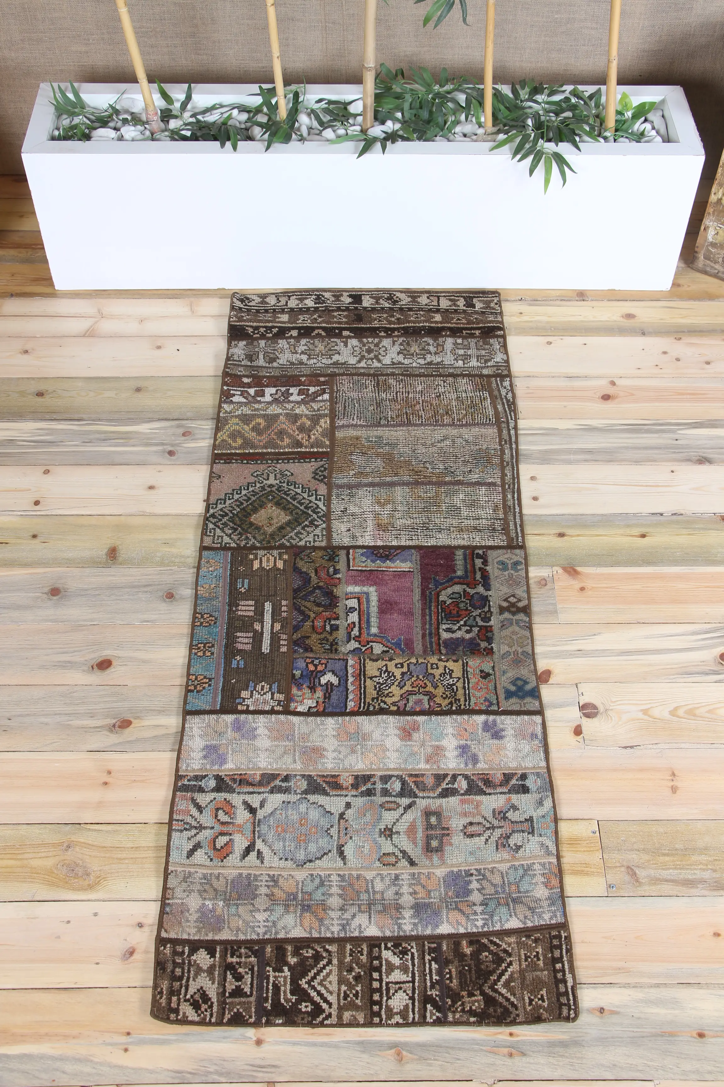 Vintage Turkish Runner Rug 2.2x5.9 ft, Patchwork Brown Rug - 1