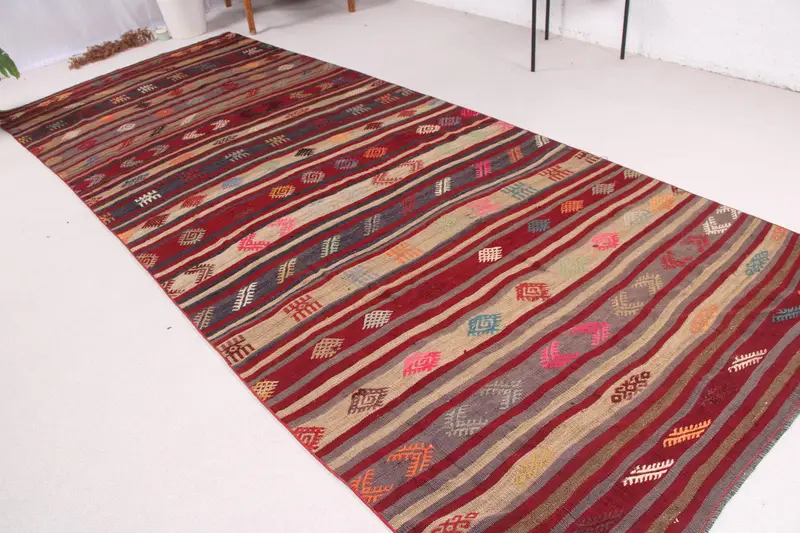 4.7x11.9 ft Vintage Halı, Türk Yolluk Halısı, Kırmızı Gri Çizgili Yün Halı - 1
