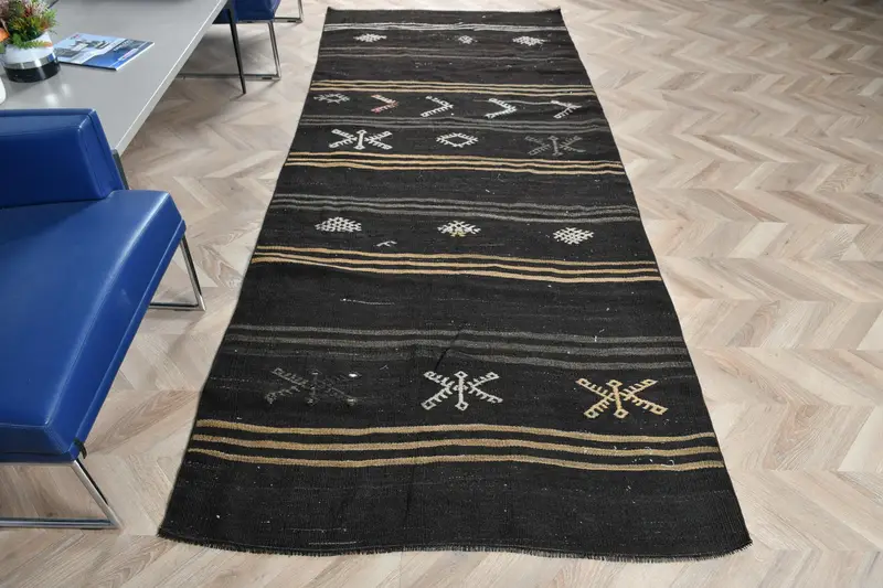 Vintage Türk Yolluk Halısı 4x10 ft (122x304 cm), Siyah Ombré Kilim Halı - 1